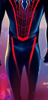 Futuristic superhero suit with neon highlights in night cityscape.