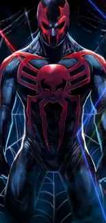 Futuristic spider hero mobile wallpaper in red and black design.