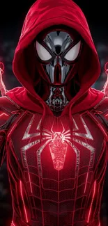 Futuristic Spider Hero in red neon suit with a hood.