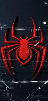 Futuristic red spider logo on dark, digital-themed wallpaper.