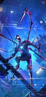 Futuristic Spider-Man with robotic arms cityscape wallpaper in vibrant blue tones.