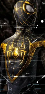 Futuristic Spider-Man suit with gold accents.