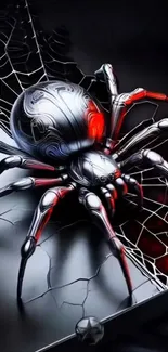 Futuristic metallic spider on a web with red accents.