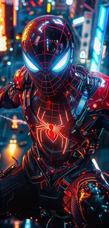 Futuristic Spider-Man suit glowing in neon.