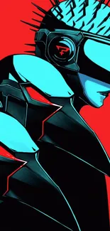 Futuristic spiky cyber figure on a red background.