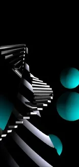 Futuristic abstract spiral staircase with teal spheres on black background.