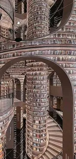 Futuristic spiral library with endless bookshelves.