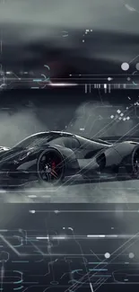 Futuristic sports car with digital circuit elements in dark gray tones.