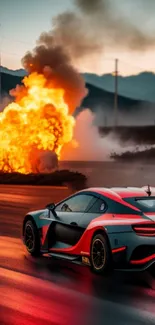 Futuristic sports car racing past an explosion at sunset.