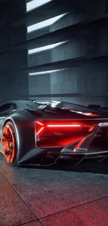 Futuristic sports car with red glowing tail lights in an urban setting.