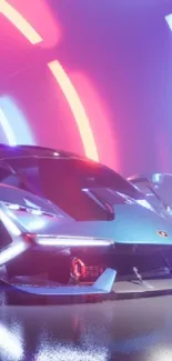 Futuristic car with neon lights on a magenta background.