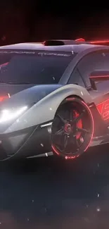 Futuristic sports car with neon red accents against a dark gray backdrop.