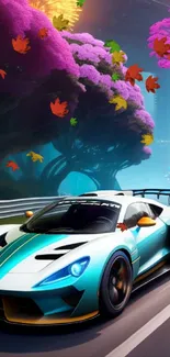 Futuristic sports car on neon-lit race track with vibrant flora.