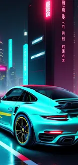 Futuristic sports car in neon-lit cityscape, mobile wallpaper.