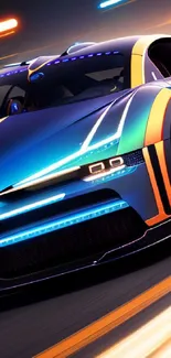 Futuristic sports car with vibrant neon lights speeding on a highway.