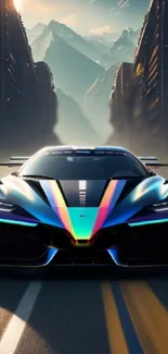 Futuristic sports car with neon lights and a mountain backdrop.