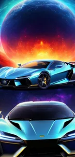 Futuristic sports car with a vibrant cosmic background.