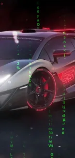 Futuristic sports car with glowing effects and digital code.