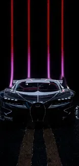 Futuristic sports car with red neon lights on a black background.