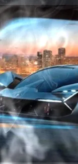 Futuristic sports car with vibrant city lights.