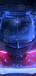 Futuristic sports car with vibrant blue lighting on a mobile wallpaper.