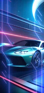 Futuristic turquoise sports car in a neon cityscape.