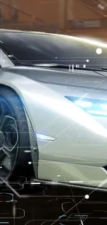 Futuristic sports car with sleek design and glowing lights.