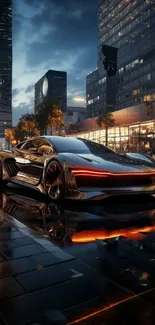 Futuristic sports car in city at night with reflections.