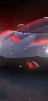 Futuristic sports car with glowing red accents in a dark theme.