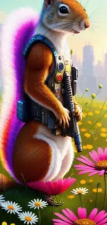 Futuristic squirrel in armor with vibrant flowers in a colorful scene.