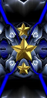 Futuristic wallpaper with gold stars on a blue and metallic background.