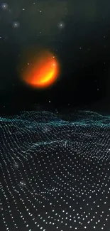 Digital landscape with glowing orange orb over wave grid and starry sky.