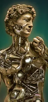 Cybernetic statue on a mobile wallpaper with a futuristic design.