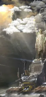 Futuristic city with Statue of Liberty under dramatic sky.