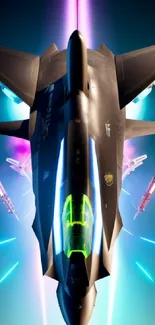 Sleek futuristic fighter jet with neon accents and a clear sky backdrop.