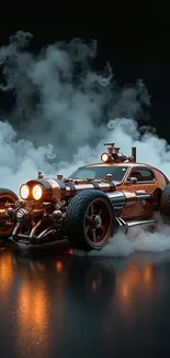 Futuristic steampunk car enveloped in mist and smoke with metallic accents.