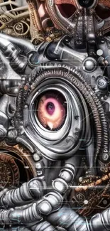 Futuristic steampunk metallic art with gears and an eye.