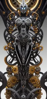 Futuristic steampunk art with intricate mechanical design in grayscale.