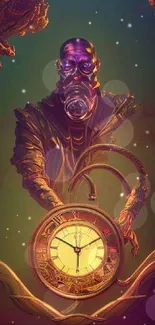 Futuristic steampunk wallpaper with clock and masked figure in purple tones.