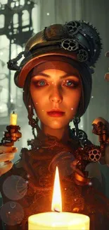 Steampunk woman with candlelit gears in a futuristic setting.