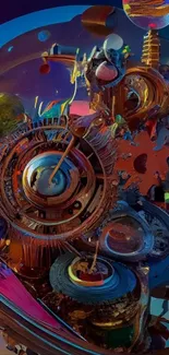 Futuristic steampunk art with gears and vibrant colors in a digital illustration.