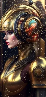 Futuristic steampunk android in golden armor with vibrant colors.