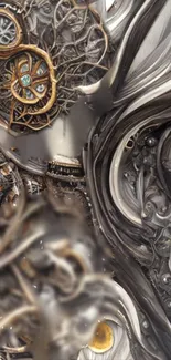 Futuristic steampunk art with gears and metallic accents on a dark gray background.