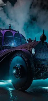 Futuristic steampunk car in blue mist with artistic design.