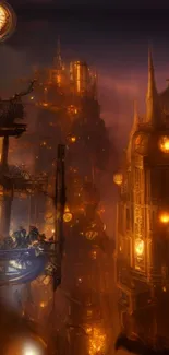 Futuristic steampunk cityscape with glowing lights and intricate architecture.