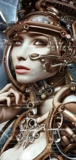 Futuristic steampunk cyber art with robotic elements.