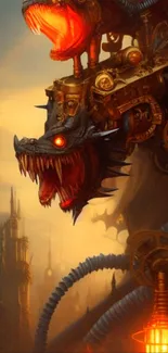 Futuristic steampunk dragon with gears and glowing eyes in fiery hues.