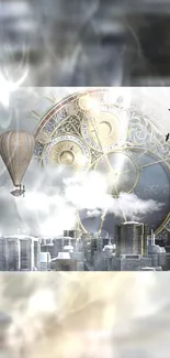 Steampunk cityscape with clock and balloon, surrounded by mystical clouds.