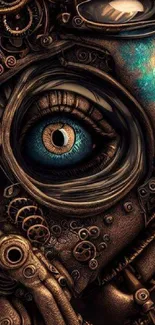 Steampunk eye design with metallic gears and intricate details in copper hues.