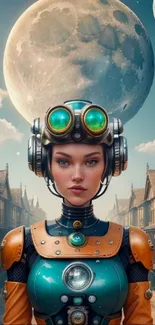 Steampunk character with futuristic gear under a moonlit sky.